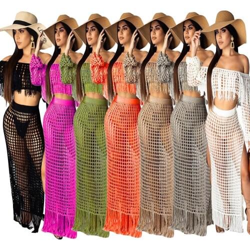 Sexy Crochet Beach Skirt Sets Slash neck Long Sleeve Crop Top and Split Long Skirts Women Tassel 2 Piece Summer Classic Outfit