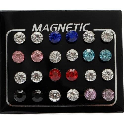 12 Pair/lot 4/5/6/7mm Fashion Colorful Round Crystal Rhinestone Earring Punk Women Mens Magnetic Fake Ear Plug Jewelry