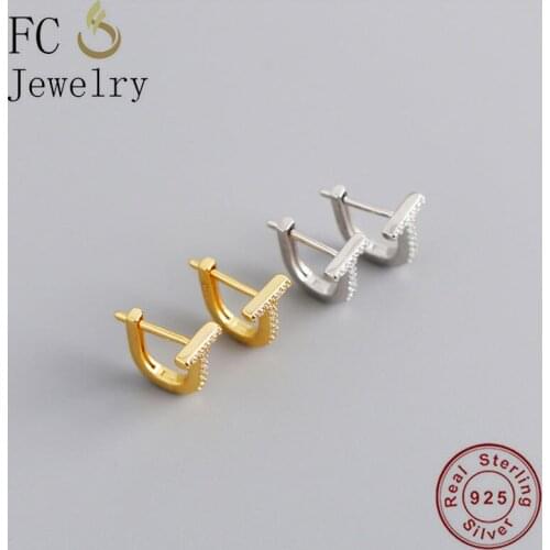 FC Jewelry Real 925 Silver Simple Unusual Gold Color U-shaped Letter T Zirconia Lock Hoop Earring For Women Ear Pierces 2020