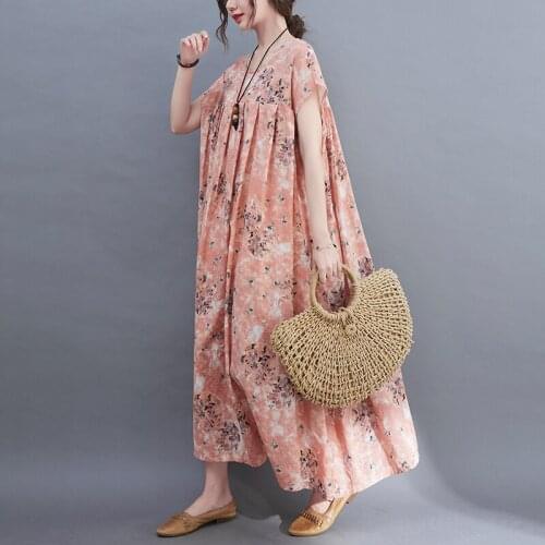 Thin Soft Cotton Loose Cozy Women Dress Short Sleeve Print Floral Fashion Summer Dress Holiday Travel Style Beach Casual Dress