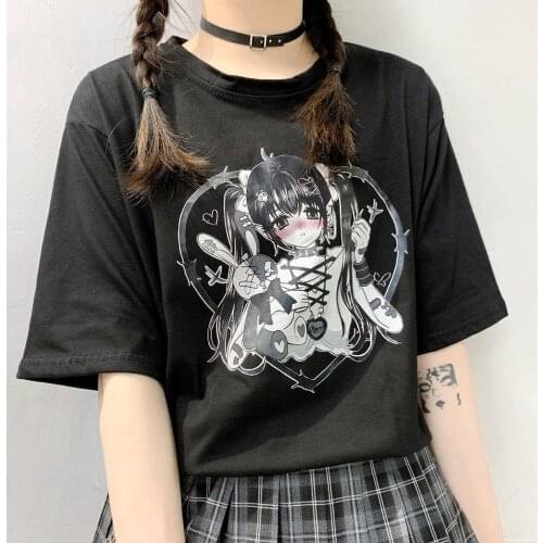 Ulzzang Kawaii Cartoon Girl Print Clothing Retro Harajuku T-shirt Casual Top Summer Womens Black Short-sleeved Thin Cotton