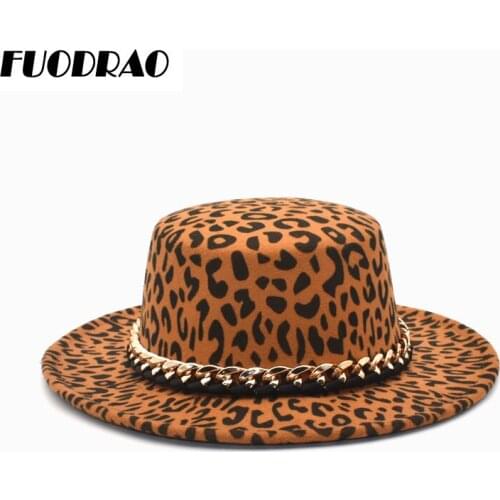 FUODRAO New Leopard Print Wool Fedora Hats For Women Flat Top Bowler Hat Autumn Winter Jazz Cap Wide BrimPanama Hats P27