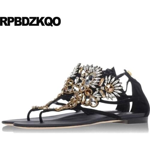 Shoes Flat Black Beaded Nice Rhinestone Gladiator Sandals Jewel Bling Holiday Flower Crystal Pearl Diamond Women Roman Thong