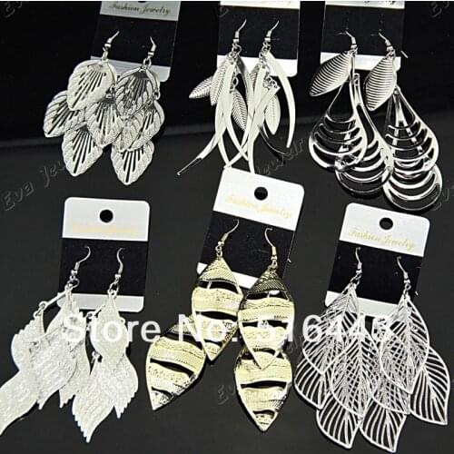 New Arrival 12Pairs Mix Fashion Silver Plated frosted Charms Leaves Drop Earrings for Women Wholesale Jewelry Lots