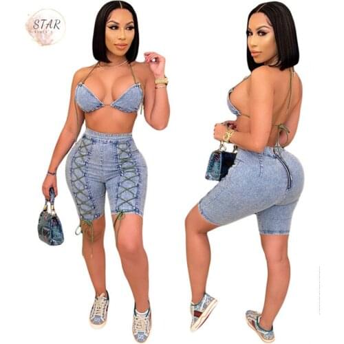 Denim Tao Piece Sets Women 2021 Lingerie and Jeans CropTop Shorts Sets Casual New Streetwear Summer ClothesWholesale Dropshpping