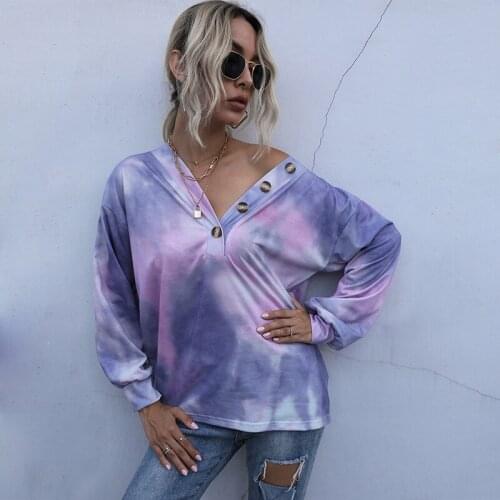 ALALY V-neck tie-dye Women Sweatshirts Long Sleeve Autumn Fashion plus size Clothing for women Casual Fall 2020 women