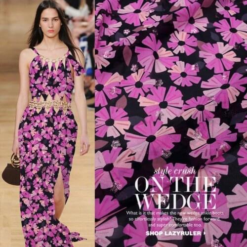 1 meter Brigh Purple Flower Print Bronze 12mm 100% Silk Georgette Fabric For Dress Scraf