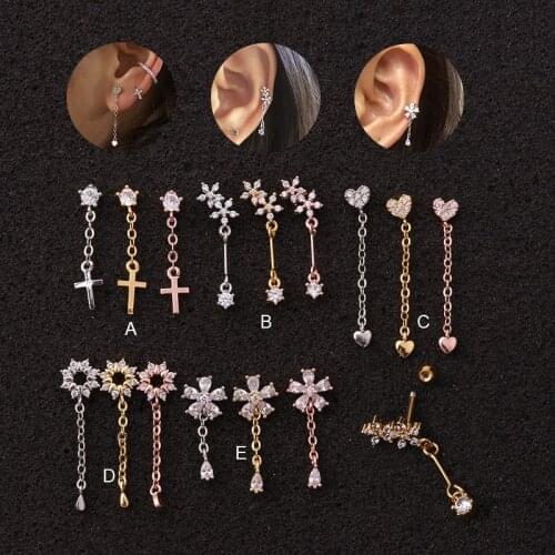 1PC Heart Cross Flower Crystal Dangle Cartilage Ear Helix Screw Back Long Drop Earrings Ear Piercing Jewelry