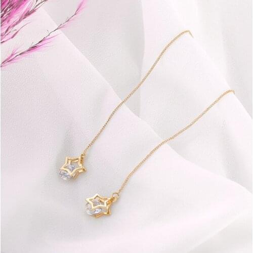 Stainless Steel Cool Geometric Star Dangle Earrings Cute Rose Gold Color Zircon Pentagram Chain Earring for Women Femme