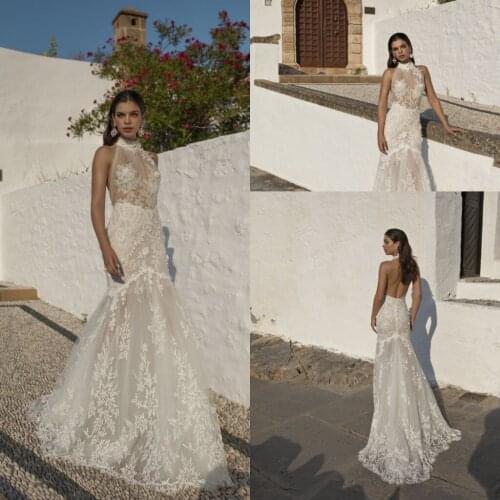 2021 Mermaid Backless Wedding Dresses Bridal Gowns Halter High Neck Lace Appliques Tulle Robe de mariee