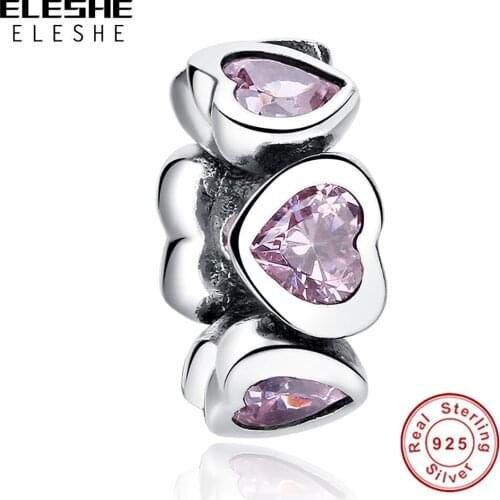 5PCS ELESHE S925 Sliver Pink Crystal Heart Bead Fit Original Bracelet & Necklace DIY Jewelry Making Trendy Women Gift