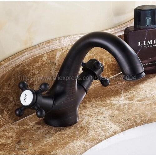 Black Oil Rubbed Brass Bathroom Faucet Double Cross Handles Bathroom Basin Faucets Deck Mount Bathbasin Vanity Mixer Taps Nsf008