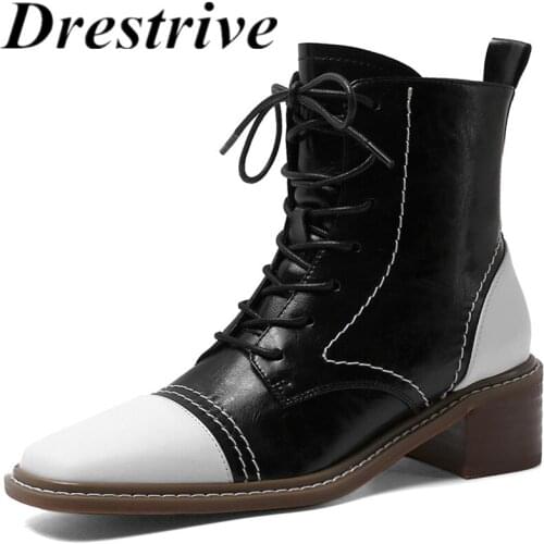 Drestrive Womens Ankle Boots Cow Leather Patchwork Mid Heels Lace Up 2020 Fashion Winter Shoes Zipper Black Thick Heel 5 CM