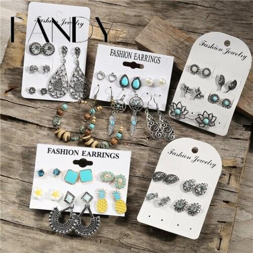 IF ME Vintage Ethnic Geometric Drop Earrings Set For Women Crystal Wood Beads Pendant Circle Round Dangle Earring Jewelry Party