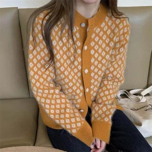 Plaid Print Cardigan Women Autumn O-Neck Vintage Knitted Crop Top Sweater Casual Loose Knitwear Winter