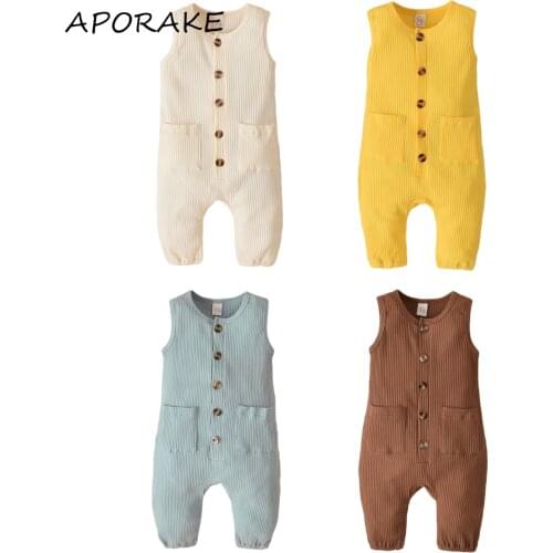 2021 0-18M Newborn Baby Boys Girls Jumpsuit Sleeveless Fashion Solid Color Single-breasted Rompers Short Pants With Pocket