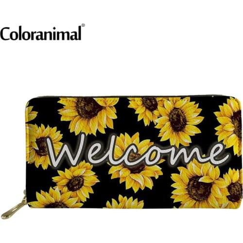 Coloranimal Pretty Sunflower With Welcome Letter Printed PU Wallet for Women Clutch Credit Card Holder Femme Money Bag Bolsa