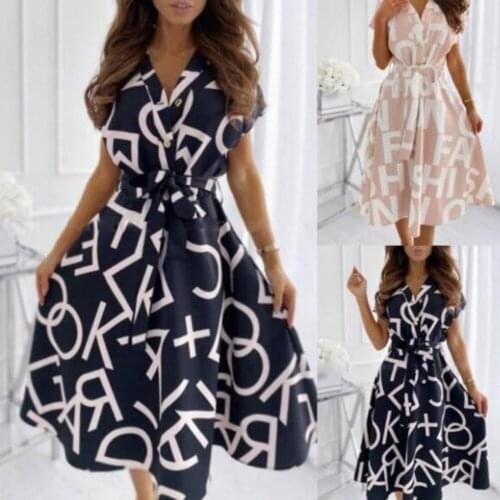 Summer Dress Women Clothing V Neck Letter Print Big Swing Dresses Femme Robes Button Short Sleeve Maxi Dress For Women Vestidos