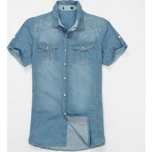 Summer Casual Mens Cardigan Short Sleeve Denim Shirt , Blouse For Man , Male Men Single Breasted Cotton Jeans Shirts Blouses