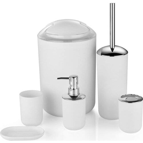 Bathroom Accessories Set 6Pcs Bamboo Bathroom Kit Toothbrush Holder Soap Dispenser Toilet Brush Trash Can Bathroom Essential Set