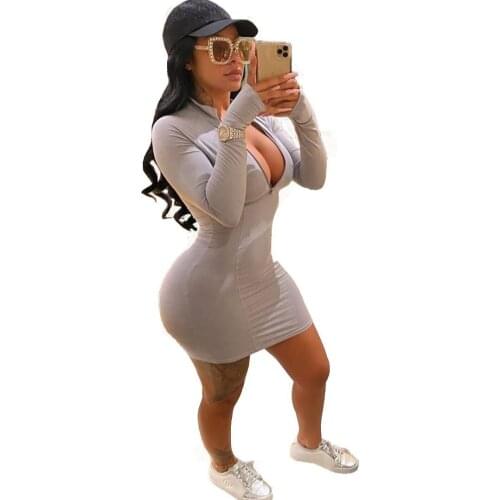 2021 spring and summer new ladies bag hip skirt casual long-sleeved sexy solid color zipper tight-fitting dress