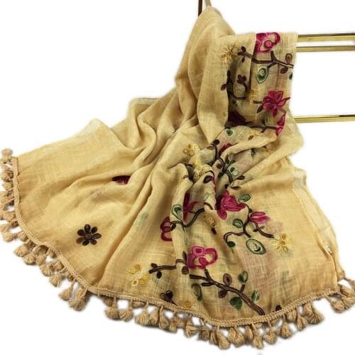 Retro Fringed Floral Embroidery Scarves Shawl Wrap Cotton Islam Women Muslim Hijabs Turban Headscarf Pashmina Bandana 90*180cm