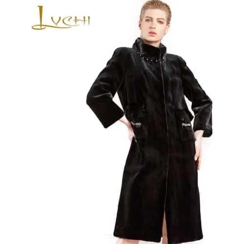 LVCHI Winter 2019 Import Velvet Real Mink Fur Coats Womens Coat Full Pelt Mandarin Collar Beading Long Causal Slim Mink Coats
