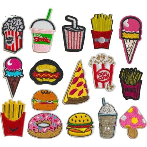 Food Fries Pizza Iron on Patch Hamburger Sticker Clothes Heat Transfer Applique Embroidere Application Cloth Fabric Patches