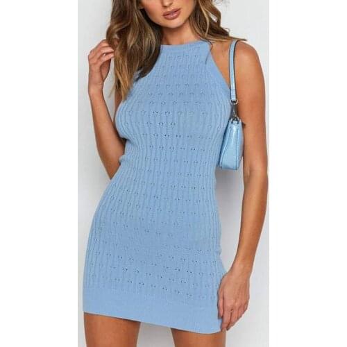 Knitted Mini Dresses Women Sleeveless Spaghetti Strap Streetwear Bodycon Sundress Sexy Hollow Out Summer Party Package Hip Dress