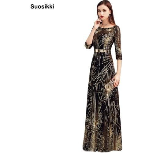 Suosikki Sequins Beading Evening Dresses Black Gold Long Formal Prom Party Dress 2019 New Style