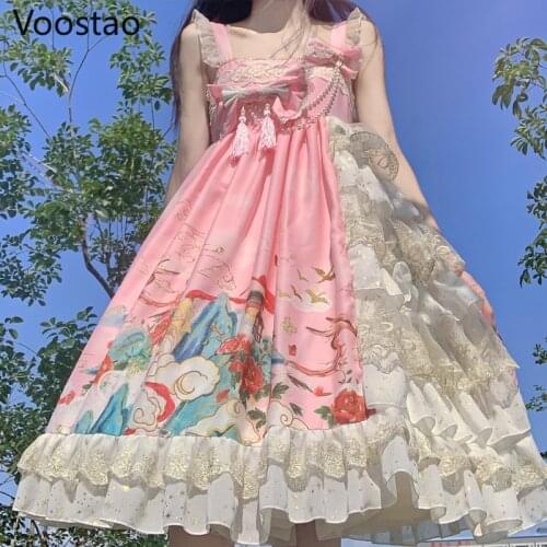 Japanese Sweet Lolita JSK Dress Girls Chic Vintage Print Lace Bow Tassels Sleeveless Princess Dresses Women Cute Tea Party Dress