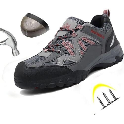 Safety Shoes Men PU Leather Breathable Mesh Lace Up Steel Toe Anti Smashing Puncture-resistant Indestructible Outdoor Work Boots