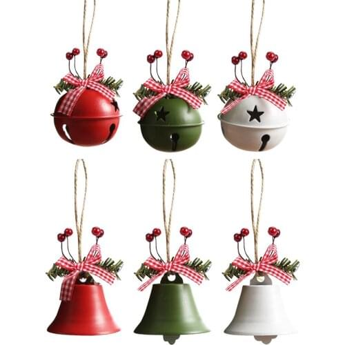 Christmas Bell Ornaments Metal Iron Art Jingle Bells with Bow Cherry Xmas Tree Hanging Pendant DIY Decoration Kids New Year Gift