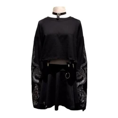 Gothic Dragon Embroidery Womens T-shirt Long Sleeve Punk Sweatshirt Loose Short Sexy Girl Crush T-shirts