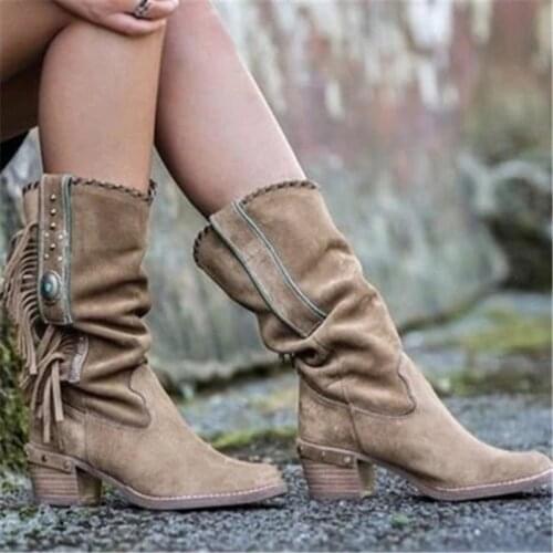 2021 autumn Women Bohemian Boots Ethnic Tassel Fringe Faux Suede Leather Mid Half Winter Boots Woman Square Heel Shoes plus size
