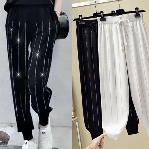 Diamonds Bling Womens Cropped Trousers Korean Fashion Pencil Pants Casual Joggers High Waist Streetwear Harem Pants Reflective