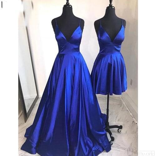 Simple A Line Spaghetti Straps Royal Blue Long Party Prom Dress 2020 V-Neck Satin Homecoming Dresses vestido de festa