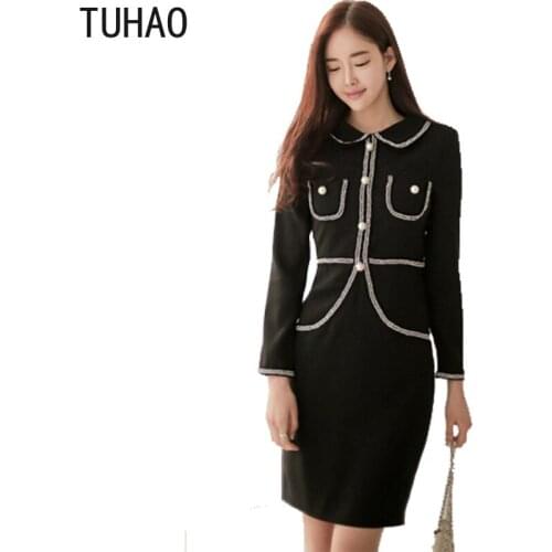 TUHAO Office Lady Dress for Woman Elegant Party Dresses Spring Autumn Button Pocket Patchwork Vintage Womens Dresses JA405