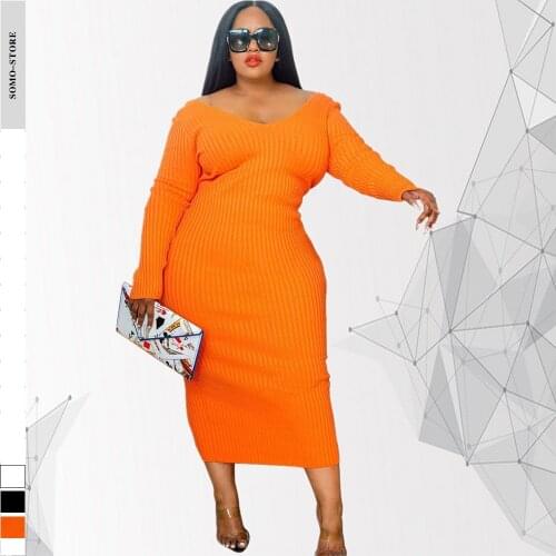 Sexy Fall Plus Size Womens Clothing Casual Fashion V Neck Big Pit Strip Solid Color Elegant Midi Dress Wholesale Dropshipping