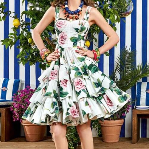 Boho Summer Runway Sexy Midi Party Dresses Womens Spaghetti Rose Flowers Print Elegant Elastic Waist Holiday Beach Dress K314