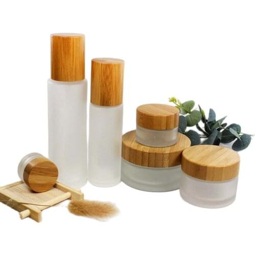 20~100ml Glass Frosted bamboo caps bottle lotion pump and spray pump bottle cosmetics packaging wholesale and retail