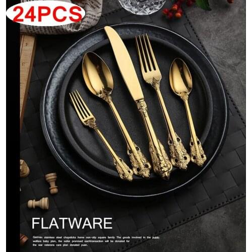 24pcs Vintage Western Gold Plated Cutlery Dining Knives Forks Teaspoons Set Golden Luxury Dinnerware Engraving Tableware Set