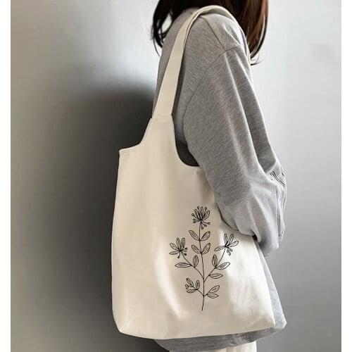 Aesthetic Vintage Large Canvas Bag Women Eco Reusable Shopping Bags Kpop Shoulder Bag Girls Flower Vegan Graphic Handbag Tote