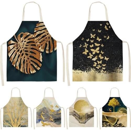 Golden Deer Butterfly Kitchen Aprons For Women Cotton Linen Bibs Household Cleaning Pinafore Home Cooking Apron 53*65cm WQL0190
