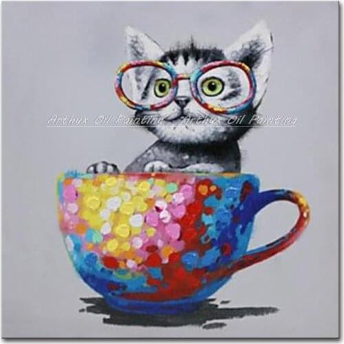 Arthyx Pictures Hand Painted Cartoon Cup And Cat Animals Oil Paintings On Canvas Modern Abstract Wall Art For Home Decor Artwork