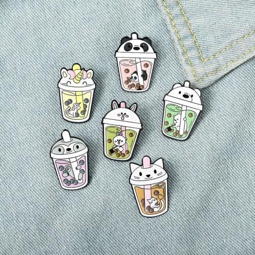 Cat Penguin Boba Tea Enamel Pins Tapioca Milk Tea Lapel Pin Animal Badges Kitty Brooches Gift for Bubble Tea Lover and Cat Lover