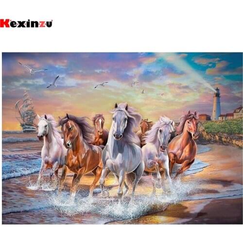 DIY 5D Diamond Painting Kits Full Drill Round Gem Beads Art Painting for Home Wall Decor Sea Running Horse