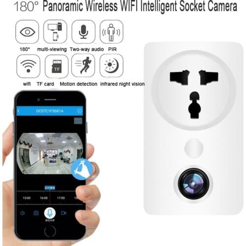 Wall Socket Charger Adapter IP Camera WIFI 180° Panoramic Fisheye Wireless CCTV Home Security Surveillance Camera-black color