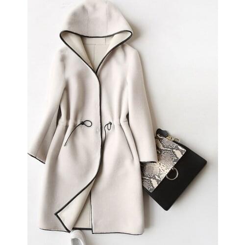New Wool Real Fur Coat For Women Winter Sheep Jackets And Coats Long Hooded PU Leather Lining Overcoat 17952 WYQ757