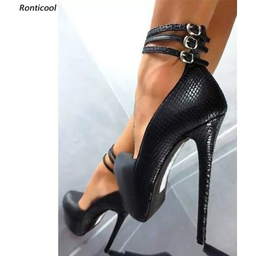 Ronticool New Handmade Women Snake Pumps Ankle Strap Stiletto High Heels Round Toe Elegant Black Party Shoes US Plus Size 5-20